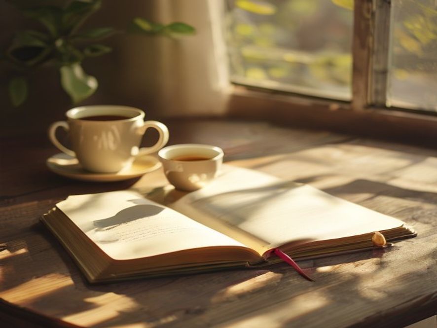 Notitieboek met pen en kopje thee op houten tafel in afternoon light