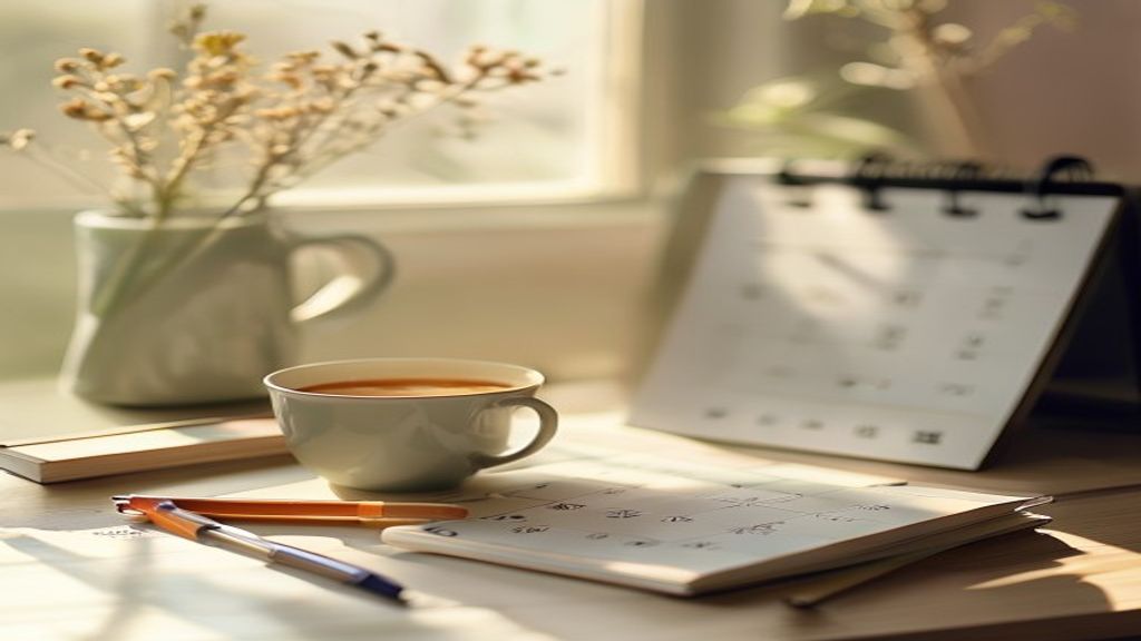 Rustig bureau met kalender, pen en een kop thee, klaar voor planning