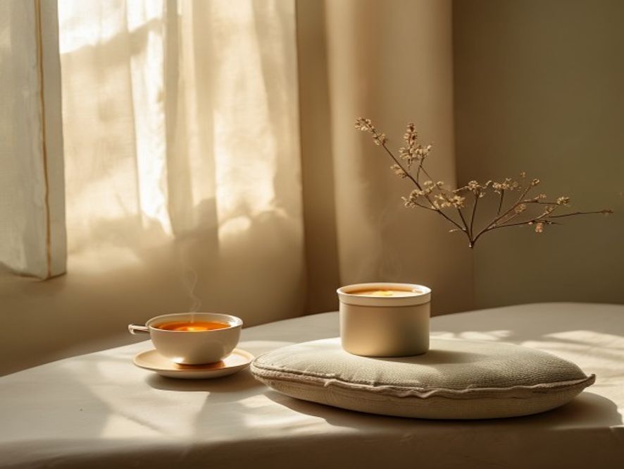 Rustige kamer met zachte lampen, meditatie-kussen en een kopje thee